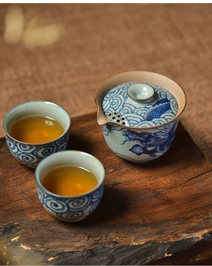 Gohobi Hand-painted Vintage Style Blue and White Dragon Gaiwan  Hohin Teapot