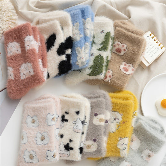 Chaussettes en polaire fufu douces automne et hiver nouvelle vache de dessin animé mignonne chaussettes en polaire corail épaisses chaussettes à tube moyen chaussettes moelleuses pour enfants