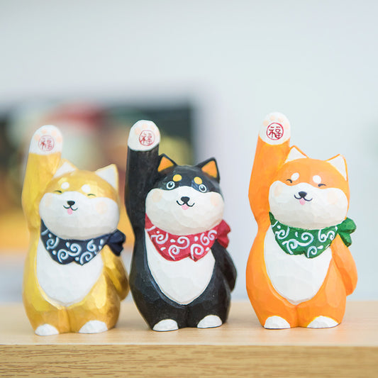 Ornement en bois fait main en forme de chien Shiba Inu porte-bonheur de Gohobi