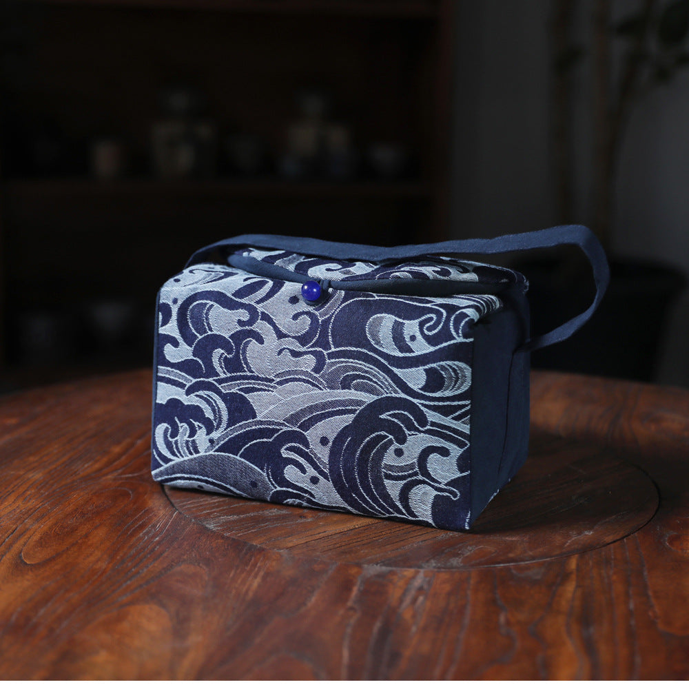 Gohobi Large Blue Wave Pattern Teaware Storage Travel Bag