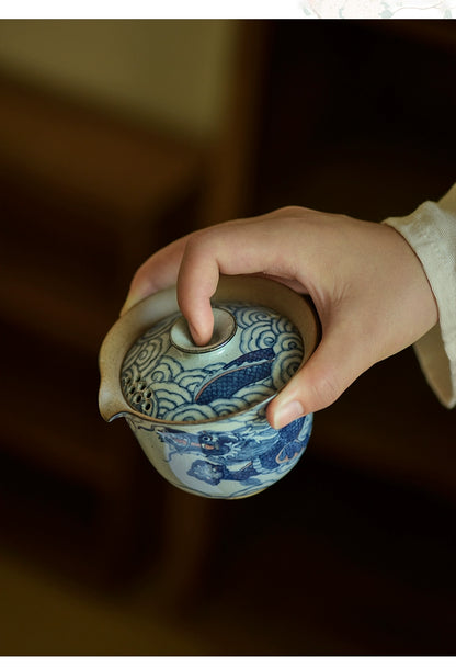 Gohobi Hand-painted Vintage Style Blue and White Dragon Gaiwan  Hohin Teapot