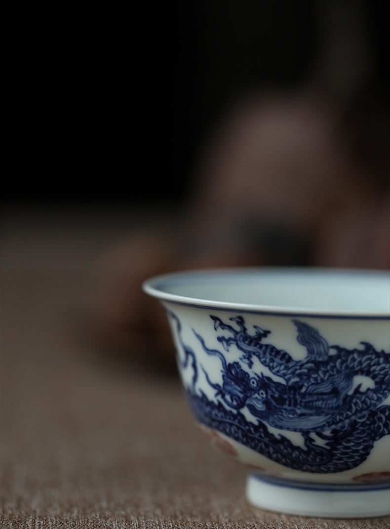 Gohobi Hand-painted Wood-fired Blue & White Dragon Porcelain Tea Cup