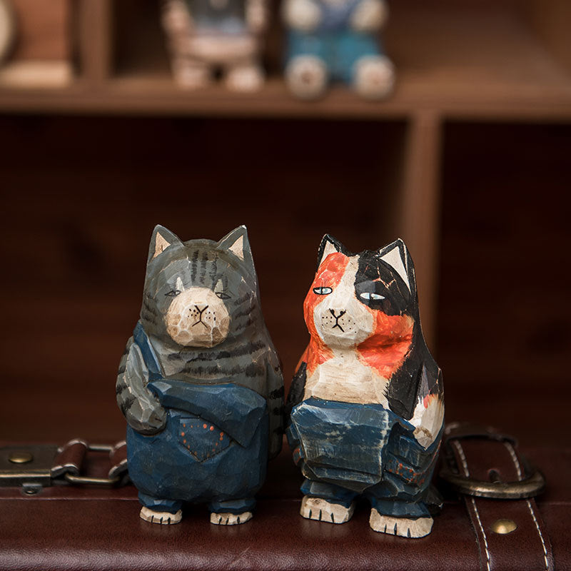 Gohobi Handcrafted Wooden Large Cat Ornament (Denim Version)