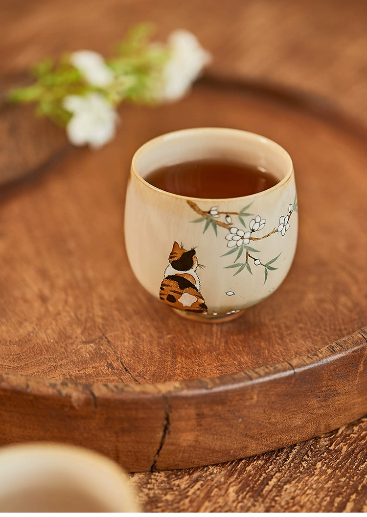 Gohobi Hand-painted Orange & Black Cat Ceramic Tea Cup