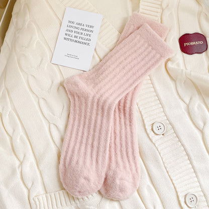 Chaussettes épaisses pour femmes automne et hiver, chaussettes chaudes en polaire épaisse imitation vison, chaussettes tube couleur unie à bande verticale, chaussettes de confinement pour sommeil d'hiver