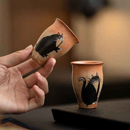 Gohobi Handmade Black Ink Hand-painted Cat Tea Cup 001