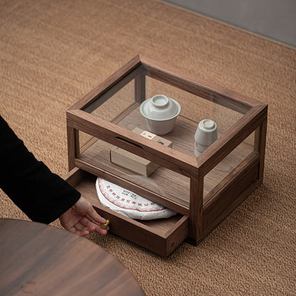 Gohobi Walnut Wood Glass Tea Cabinet with Drawer