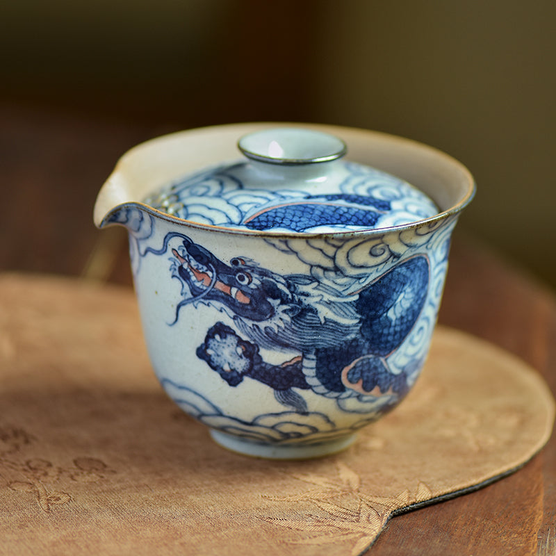 Gohobi Hand-painted Vintage Style Blue and White Dragon Gaiwan  Hohin Teapot