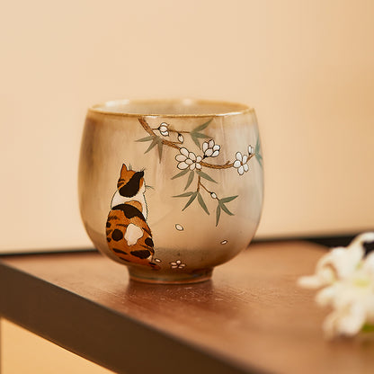 Gohobi Hand-painted Orange & Black Cat Ceramic Tea Cup