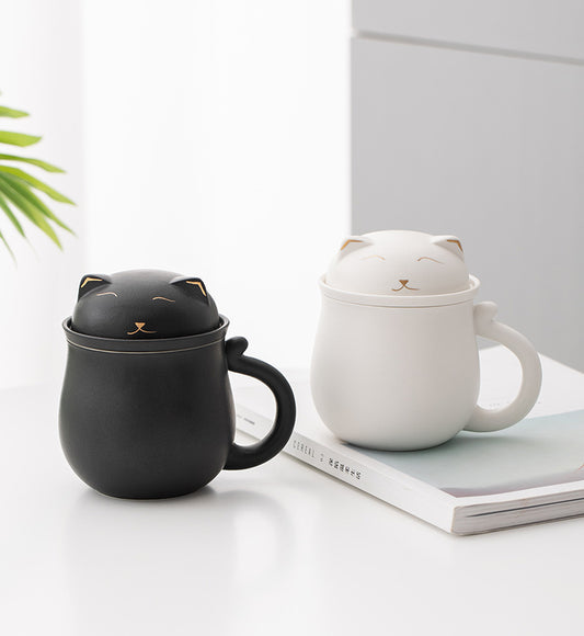 Gohobi Tasse à thé avec infuseur en forme de chat porte-bonheur noir et blanc