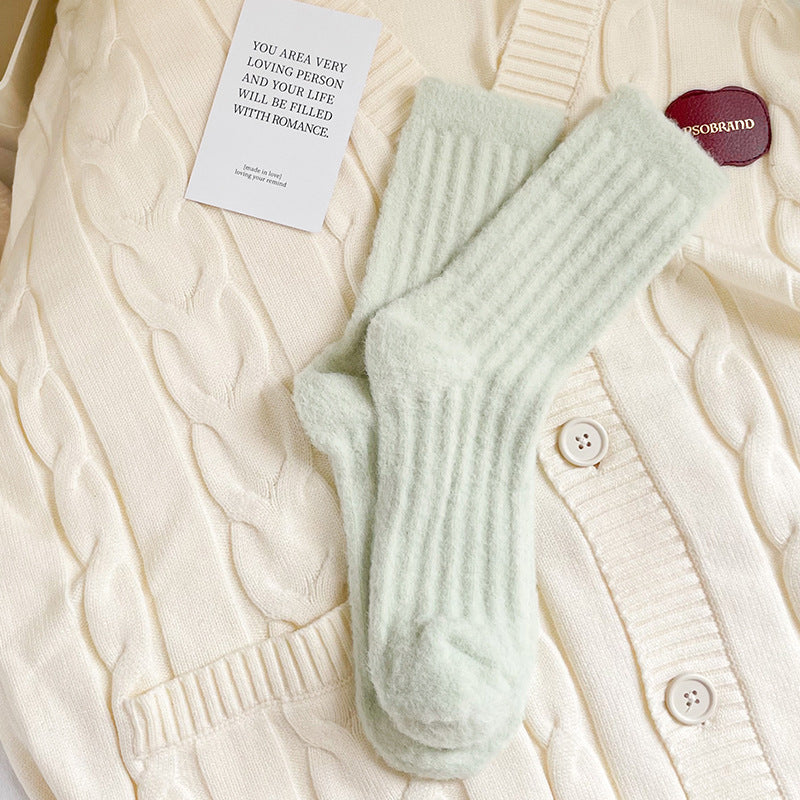 Chaussettes épaisses pour femmes automne et hiver, chaussettes chaudes en polaire épaisse imitation vison, chaussettes tube couleur unie à bande verticale, chaussettes de confinement pour sommeil d'hiver