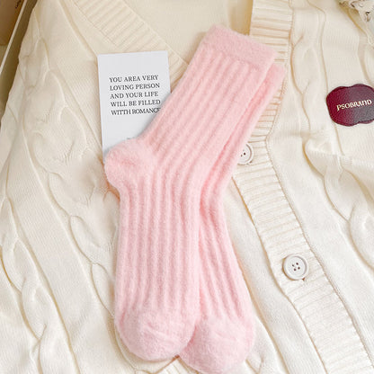 Chaussettes épaisses pour femmes automne et hiver, chaussettes chaudes en polaire épaisse imitation vison, chaussettes tube couleur unie à bande verticale, chaussettes de confinement pour sommeil d'hiver