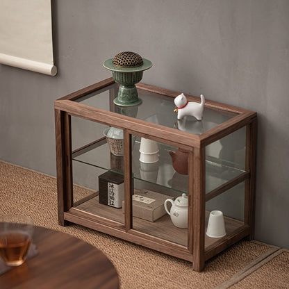 Gohobi Walnut Wood Glass Tea Cabinet (Double Sliding Door)