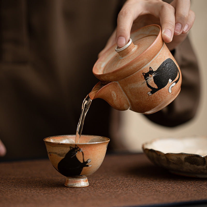 Gohobi Handmade Black Ink Hand-painted Cat Gaiwan 002  Hohin Teapot