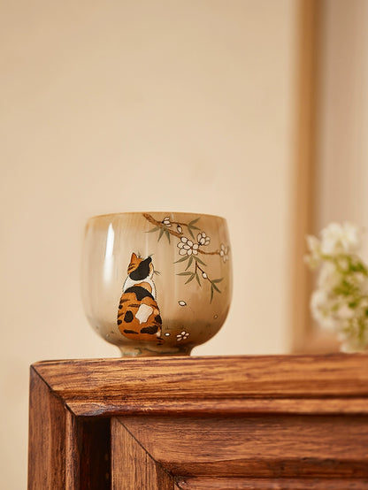 Gohobi Hand-painted Orange & Black Cat Ceramic Tea Cup