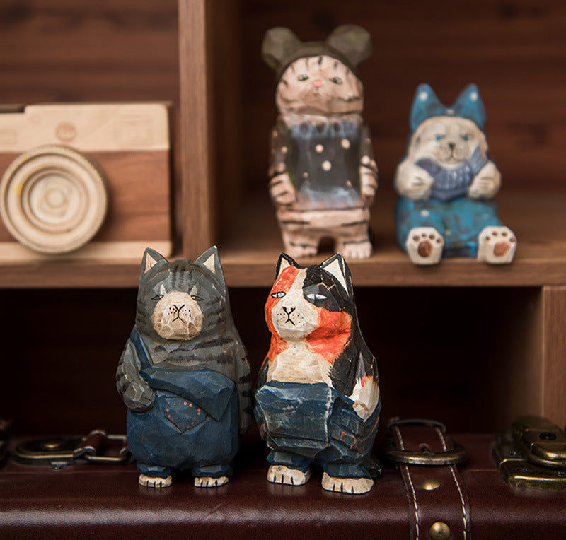 Gohobi Handcrafted Wooden Large Cat Ornament (Denim Version)