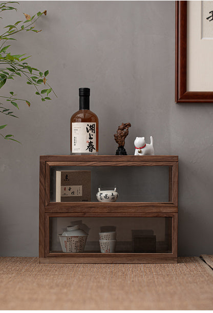 Armoire à thé en verre et bois de noyer Gohobi (deux portes coulissantes simples)