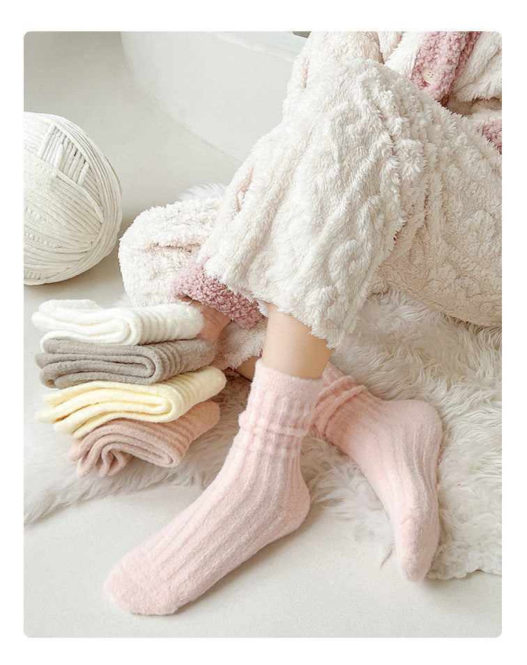 Chaussettes épaisses pour femmes automne et hiver, chaussettes chaudes en polaire épaisse imitation vison, chaussettes tube couleur unie à bande verticale, chaussettes de confinement pour sommeil d'hiver