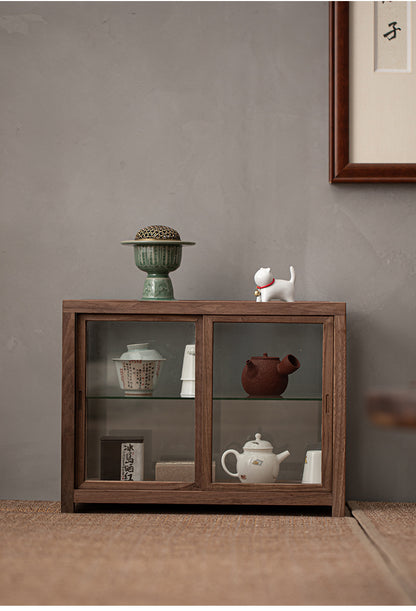 Gohobi Walnut Wood Glass Tea Cabinet (Double Sliding Door)