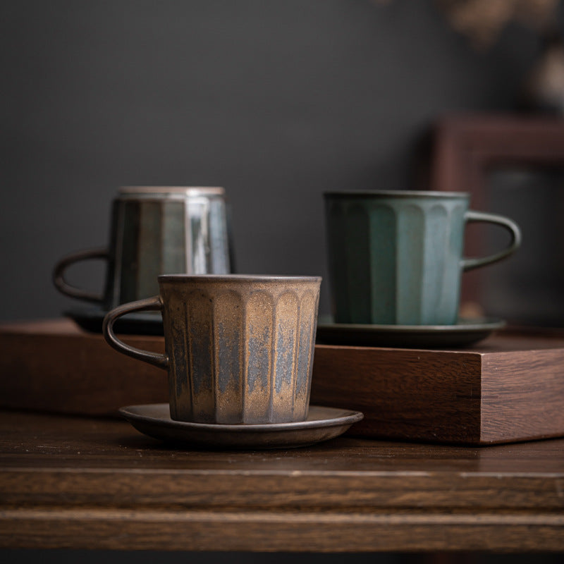 Ensemble de tasses à café en céramique de style japonais avec soucoupes, tasse à produit unique, tasse à eau bouillante imitation bois de chauffage faite à la main, tasse à café infusée à la main