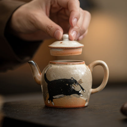 Gohobi Handmade Black Ink Hand-painted Cat Teapot 006