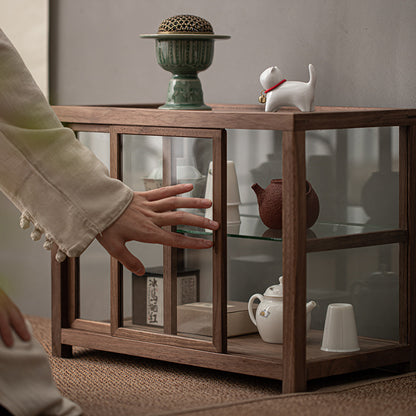 Gohobi Walnut Wood Glass Tea Cabinet (Double Sliding Door)