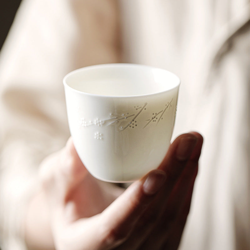 Gohobi Handmade White Porcelain Hand-embossed Ceramic Tea Cup