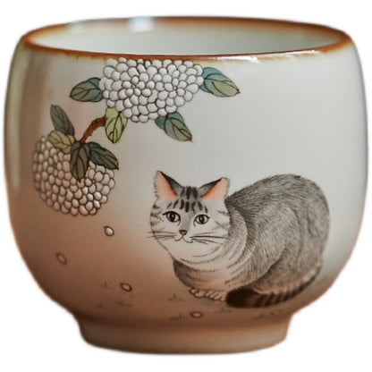 Gohobi Hand-painted Grey Cat Hydrangeas Ceramic Tea Cup