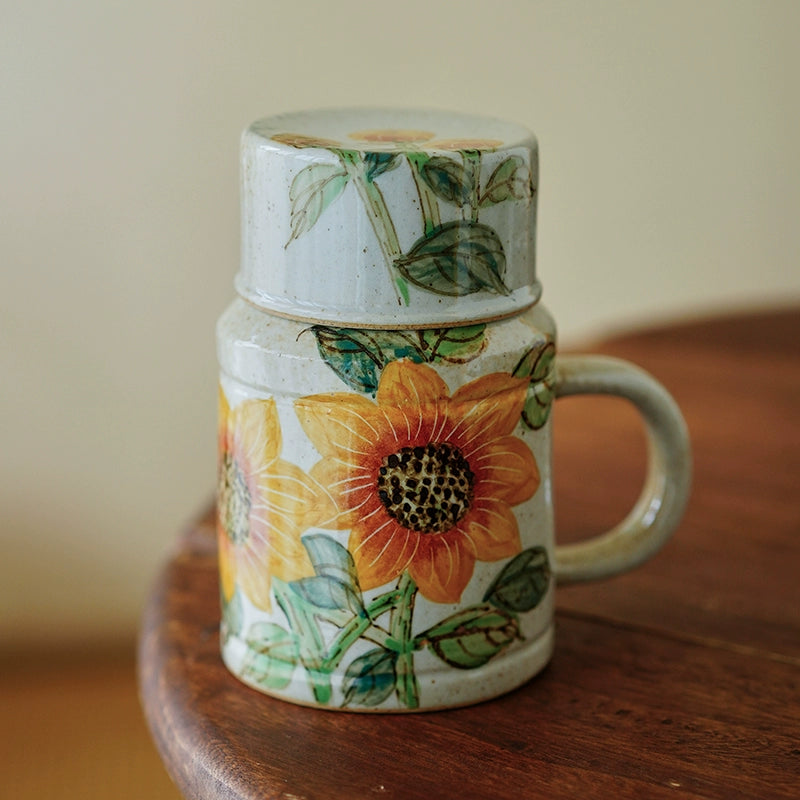 Tasse à café Gohobi peinte à la main avec motif floral bleu et blanc et couvercle