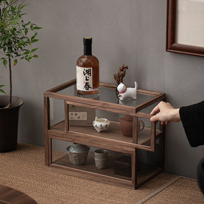 Armoire à thé en verre et bois de noyer Gohobi (deux portes coulissantes simples)