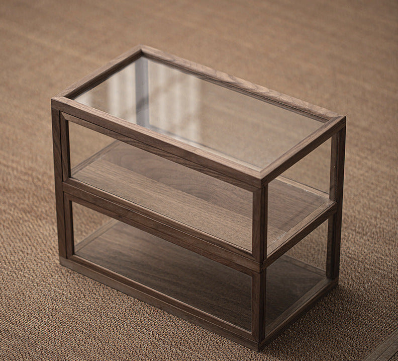 Gohobi Walnut Wood Glass Tea Cabinet (Two Single Sliding Door)