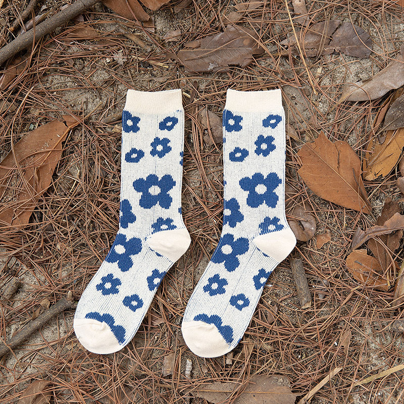 Chaussettes en coton à double aiguille mignonnes et fraîches pour enfants, fil épais et rétro bleu