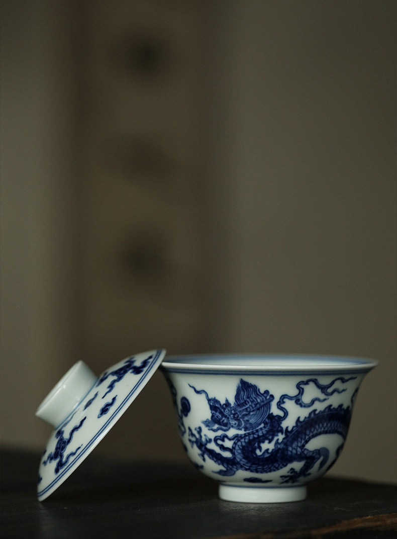 Gohobi Hand-painted Wood-fired Blue & White Dragon Porcelain Gaiwan