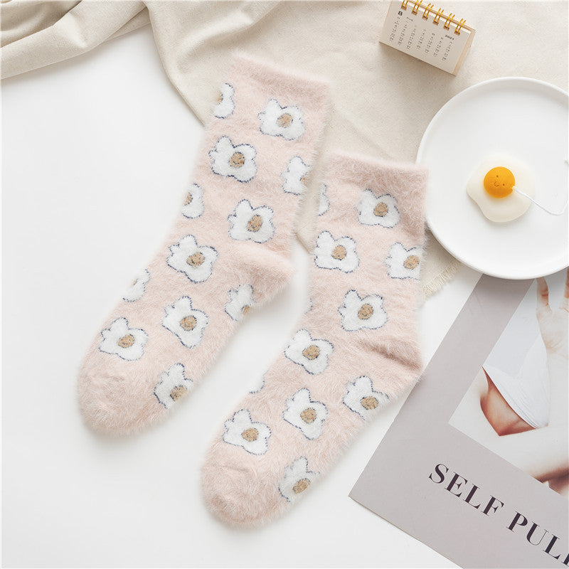 Chaussettes en polaire fufu douces automne et hiver nouvelle vache de dessin animé mignonne chaussettes en polaire corail épaisses chaussettes à tube moyen chaussettes moelleuses pour enfants