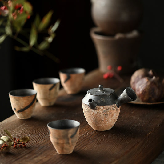 Gohobi Handmade Ceramic Artist Black Brushing Tea Cup Teapot Tea Set