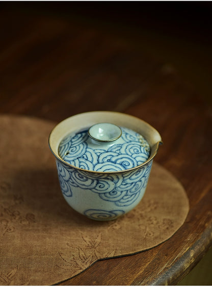 Gohobi Hand-painted Vintage Style Blue and White Dragon Gaiwan  Hohin Teapot