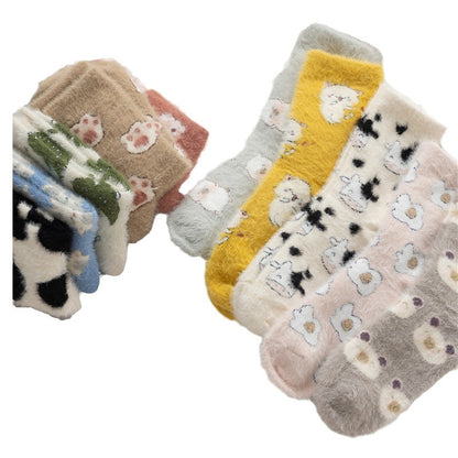 Chaussettes en polaire fufu douces automne et hiver nouvelle vache de dessin animé mignonne chaussettes en polaire corail épaisses chaussettes à tube moyen chaussettes moelleuses pour enfants