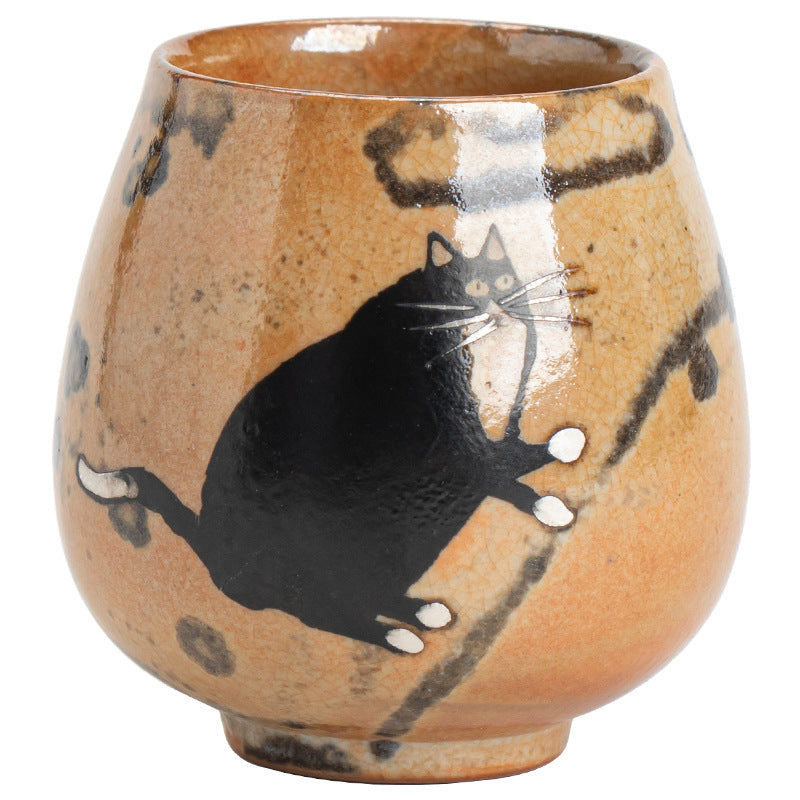 Gohobi Handmade Black Ink Hand-painted Cat Tea Cup 003