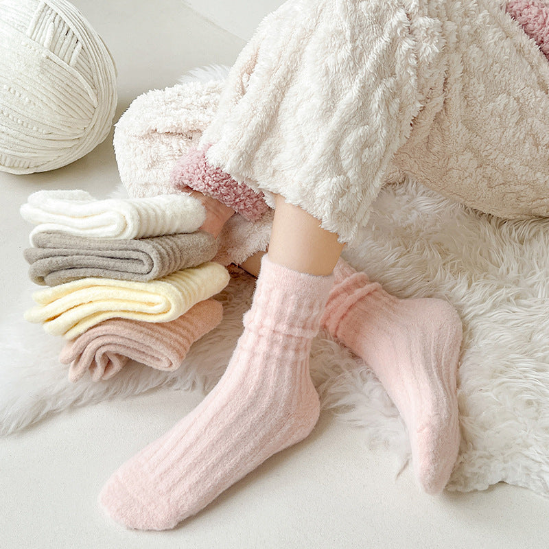 Chaussettes épaisses pour femmes automne et hiver, chaussettes chaudes en polaire épaisse imitation vison, chaussettes tube couleur unie à bande verticale, chaussettes de confinement pour sommeil d'hiver