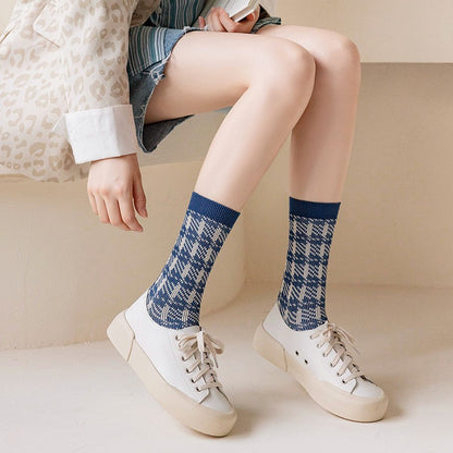 Chaussettes en coton à double aiguille mignonnes et fraîches pour enfants, fil épais et rétro bleu