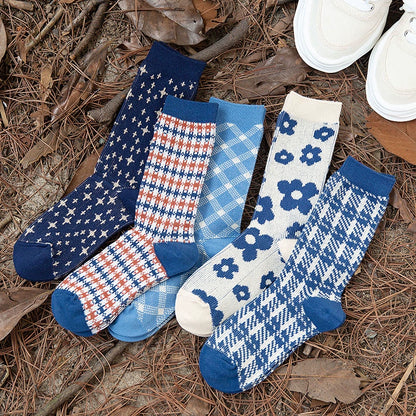 Chaussettes en coton à double aiguille mignonnes et fraîches pour enfants, fil épais et rétro bleu