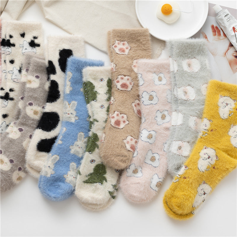 Chaussettes en polaire fufu douces automne et hiver nouvelle vache de dessin animé mignonne chaussettes en polaire corail épaisses chaussettes à tube moyen chaussettes moelleuses pour enfants