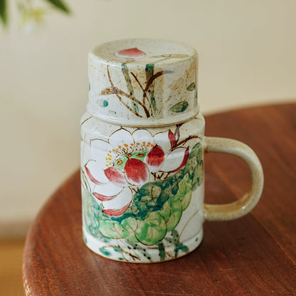 Tasse à café Gohobi peinte à la main avec motif floral bleu et blanc et couvercle