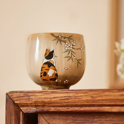 Gohobi Hand-painted Orange & Black Cat Ceramic Tea Cup