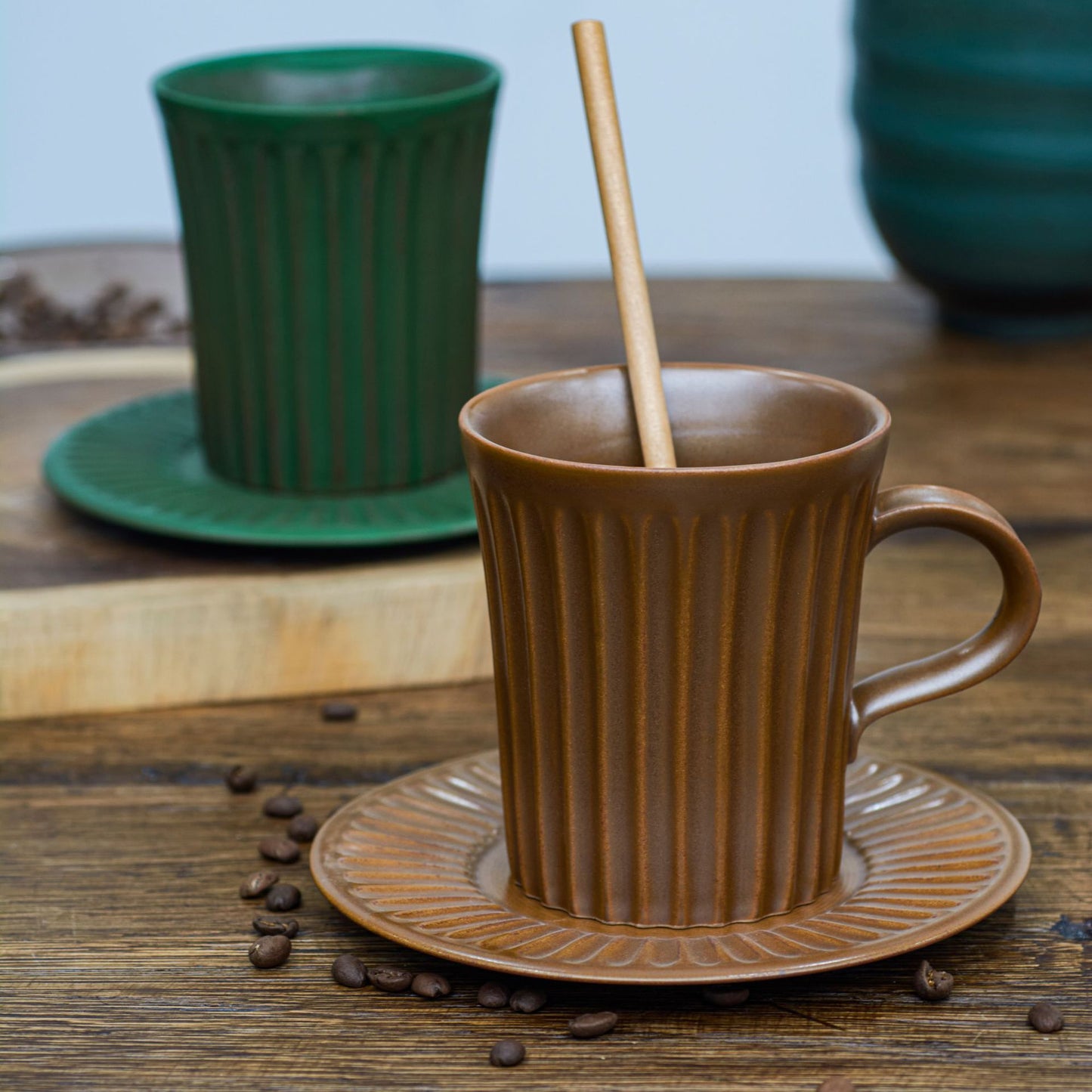 Gohobi Handmade Tall Vintage Japanese Stoneware Coffee Mug and Saucer Set