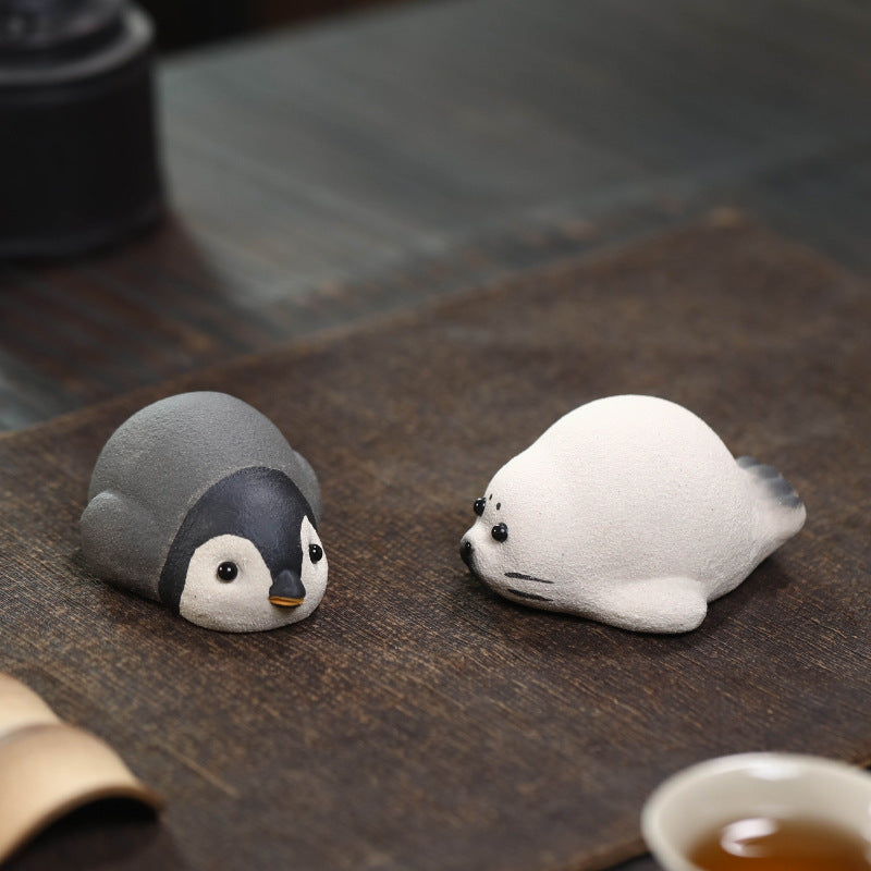 Gohobi Handmade Ceramic YiXing Clay Penguin and Seal Ornament Tea pet