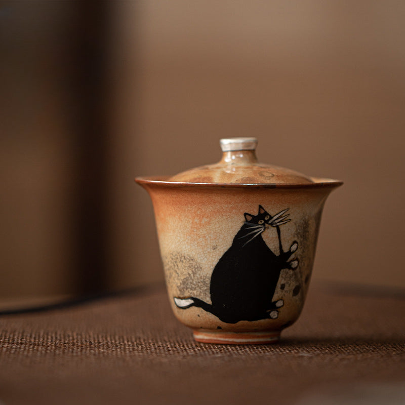 Gohobi Handmade Black Ink Hand-painted Cat Gaiwan 010