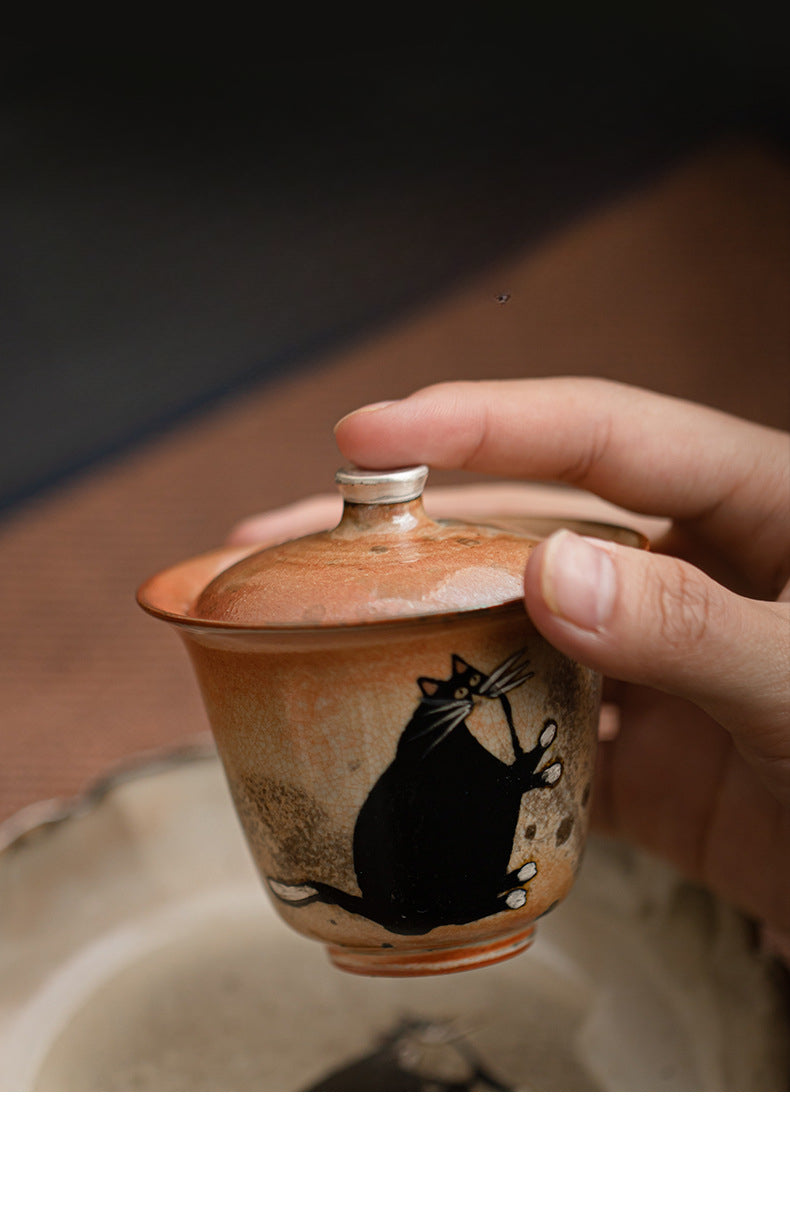 Gohobi Handmade Black Ink Hand-painted Cat Gaiwan 010