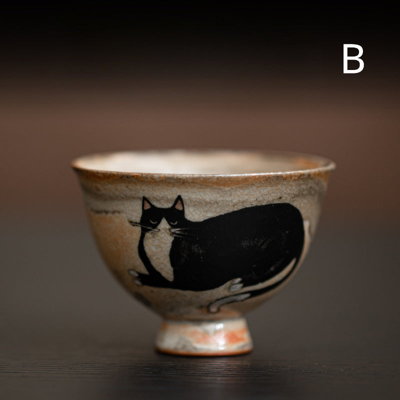 Gohobi Handmade Black Ink Hand-painted Cat Tea Cup 002