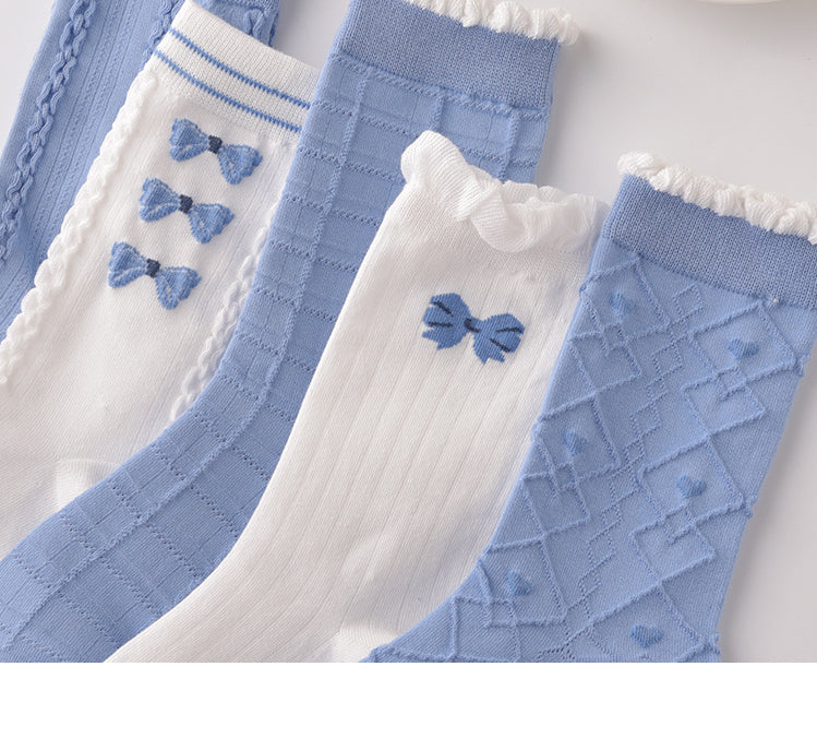 SweetBloom Blue Mid-Calf Socks - Japanese JK Style with Cute Floral Trim